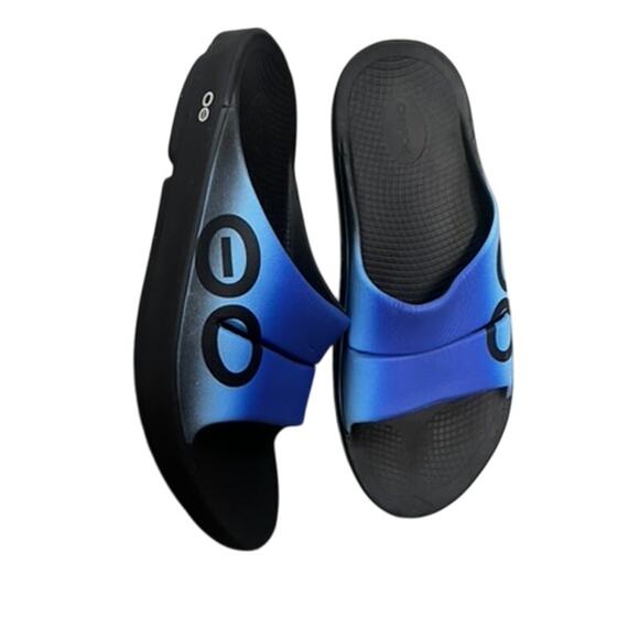 OOFOS OOahh Sport Intl Azul US Men's 14 Womens 16 EU 47 slip on slide Blue black - Picture 7 of 8